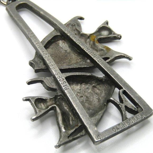 Vintage Cathedral Pewter Necklace Pisces Fish Pendant Horoscope Artisan 30" - Picture 3 of 4